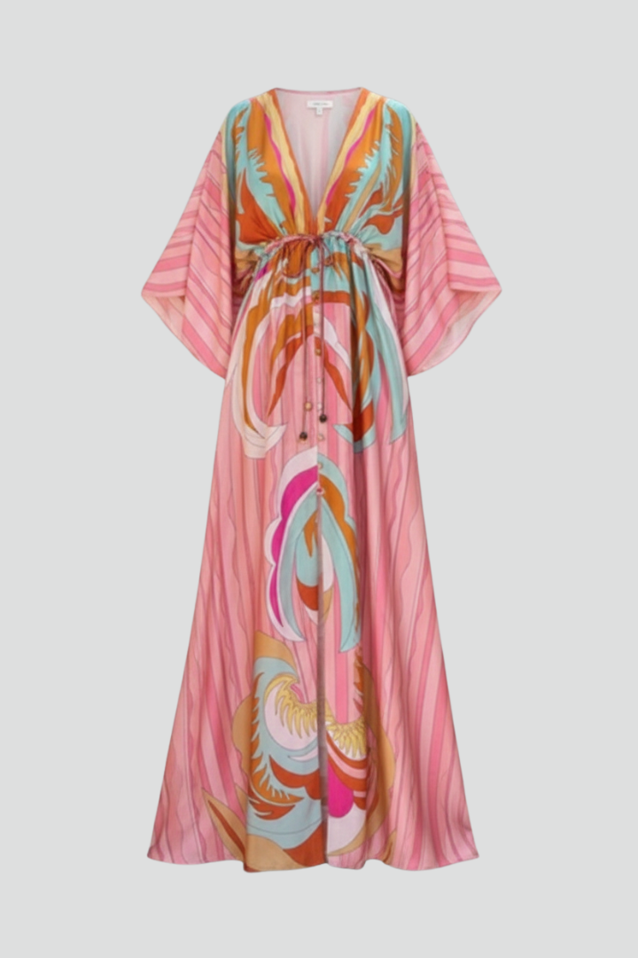 Damen Maxikleid mit V-Ausschnitt, weiten Ärmeln und Taillenband