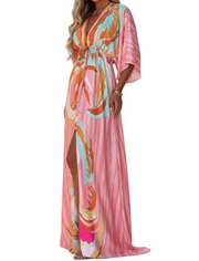 Damen Maxikleid mit V-Ausschnitt, weiten Ärmeln und Taillenband