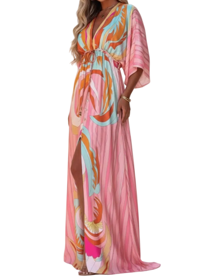 Damen Maxikleid mit V-Ausschnitt, weiten Ärmeln und Taillenband
