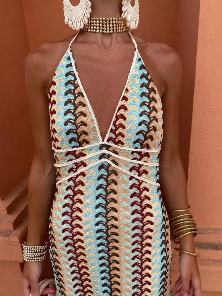 Damen Maxikleid mit Zickzackmuster und Halsschnürung