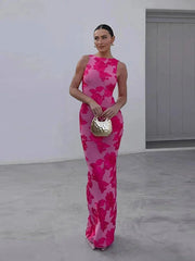 Damen Maxikleid Pink mit floralem Muster ärmellos