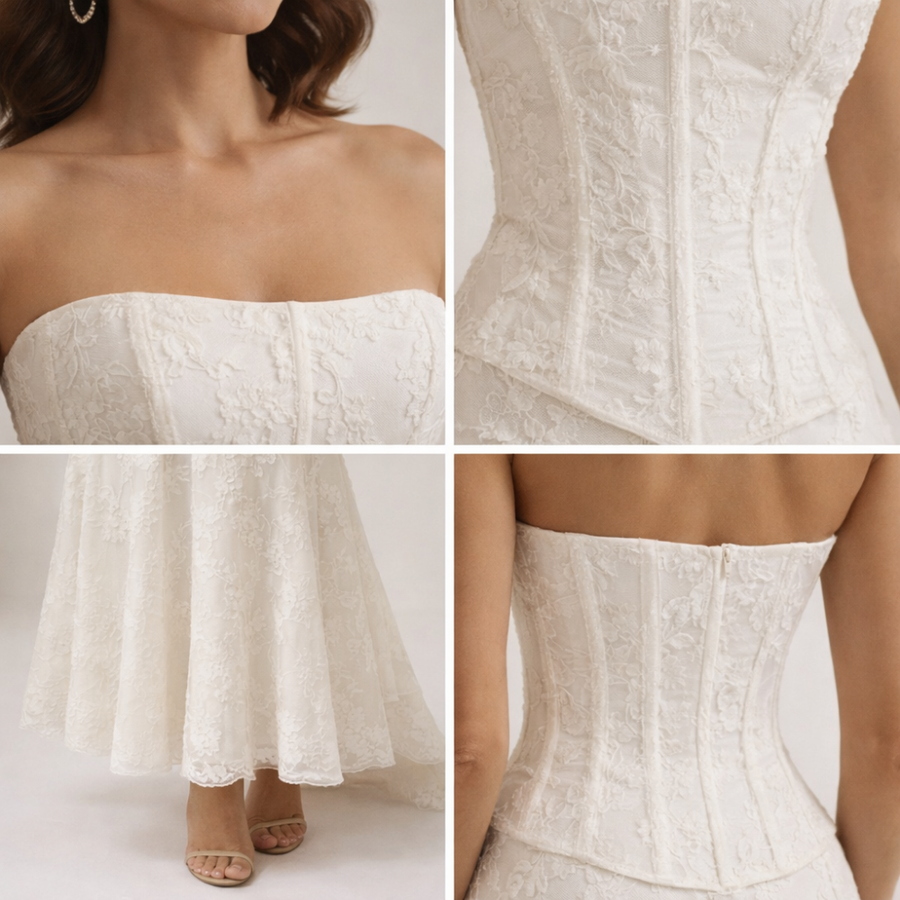 Damen Maxikleid trägerlos mit strukturiertem Oberteil und ausgestelltem Saum