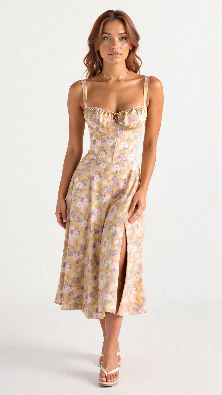 Emilia | Damen Midi Kleid mit Korsett-Optik und Blumenmuster