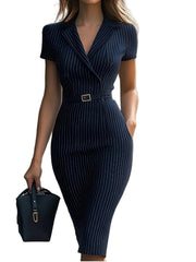 Damen Midi Kleid mit kurzen Ärmeln, Kragen, V-Ausschnitt und Gürtel