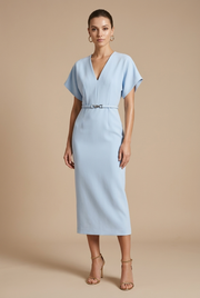 Damen Midi Kleid mit kurzen Ärmeln, V-Ausschnitt und Gürtel