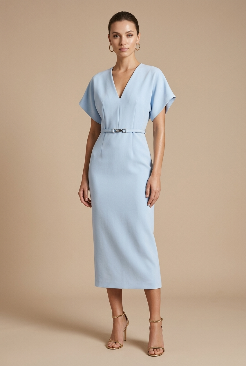 Damen Midi Kleid mit kurzen Ärmeln, V-Ausschnitt und Gürtel