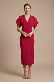 Damen Midi Kleid mit kurzen Ärmeln, V-Ausschnitt und Gürtel