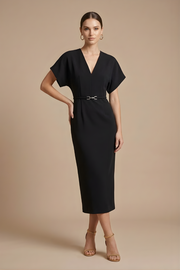 Damen Midi Kleid mit kurzen Ärmeln, V-Ausschnitt und Gürtel