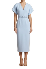 Damen Midi Kleid mit kurzen Ärmeln, V-Ausschnitt und Gürtel