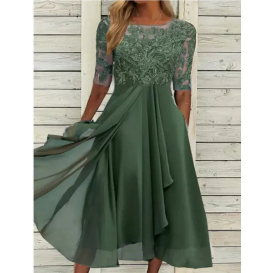Damen Midikleid mit Spitzenoberteil und 3/4 Ärmeln