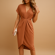 Damen Midi-Kleid mit V-Ausschnitt, Flügelärmeln und geraffter Taille