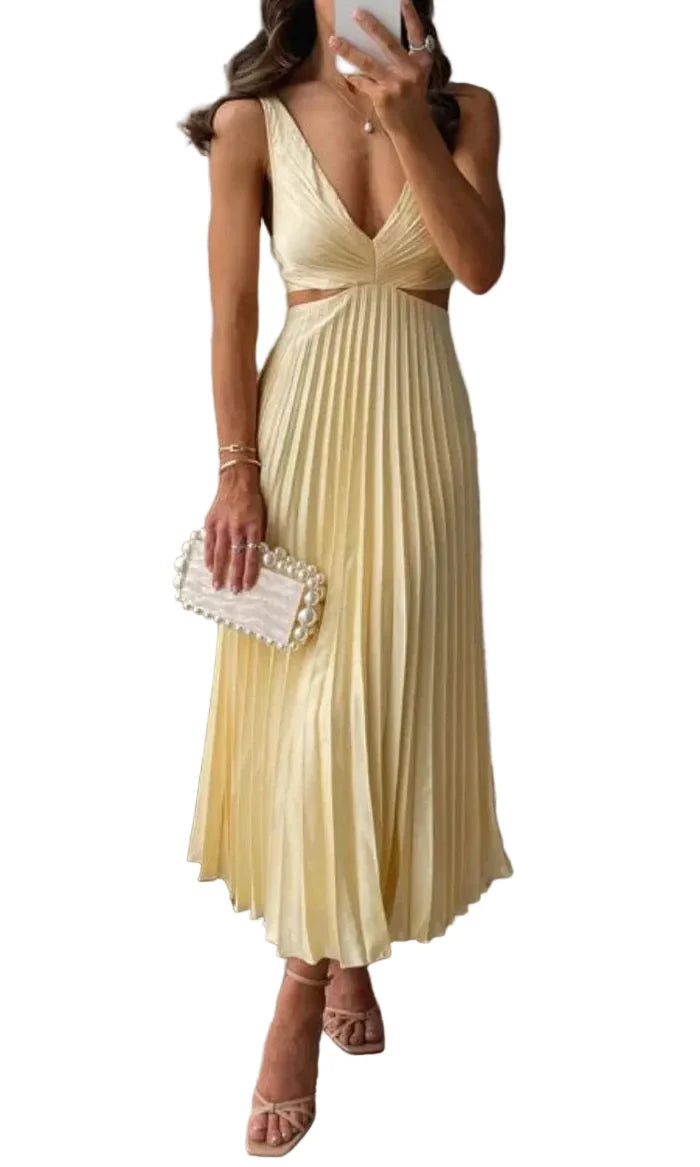 Damen Midi Kleid mit V-Ausschnitt und Plisseerock
