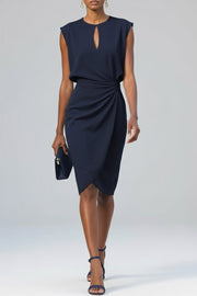Marie | Damen Midi-Kleid Schlüsselloch-Ausschnitt Raffung Ärmellos