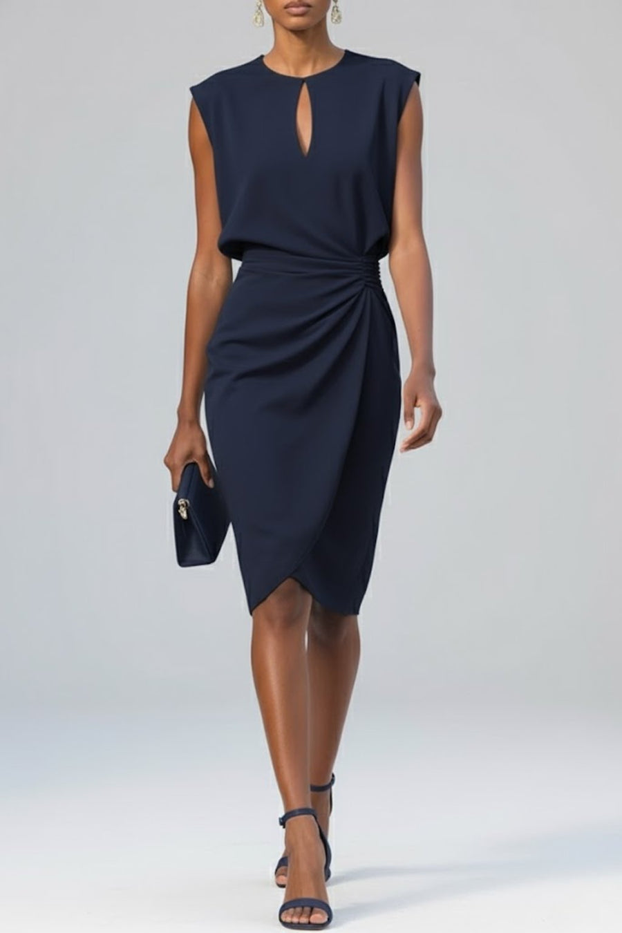 Marie | Damen Midi-Kleid Schlüsselloch-Ausschnitt Raffung Ärmellos