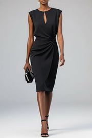 Marie | Damen Midi-Kleid Schlüsselloch-Ausschnitt Raffung Ärmellos