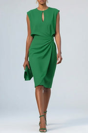 Marie | Damen Midi-Kleid Schlüsselloch-Ausschnitt Raffung Ärmellos