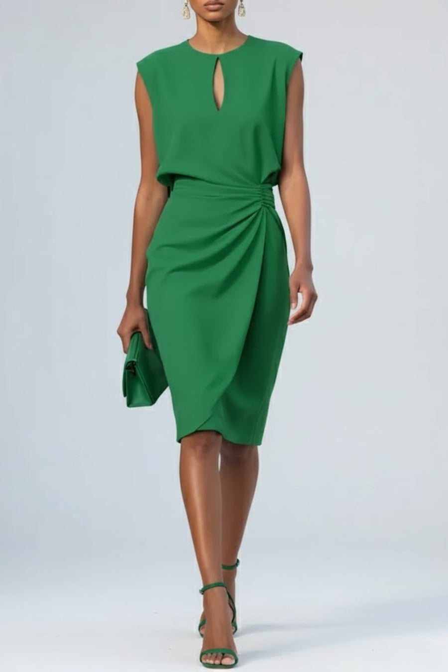 Marie | Damen Midi-Kleid Schlüsselloch-Ausschnitt Raffung Ärmellos