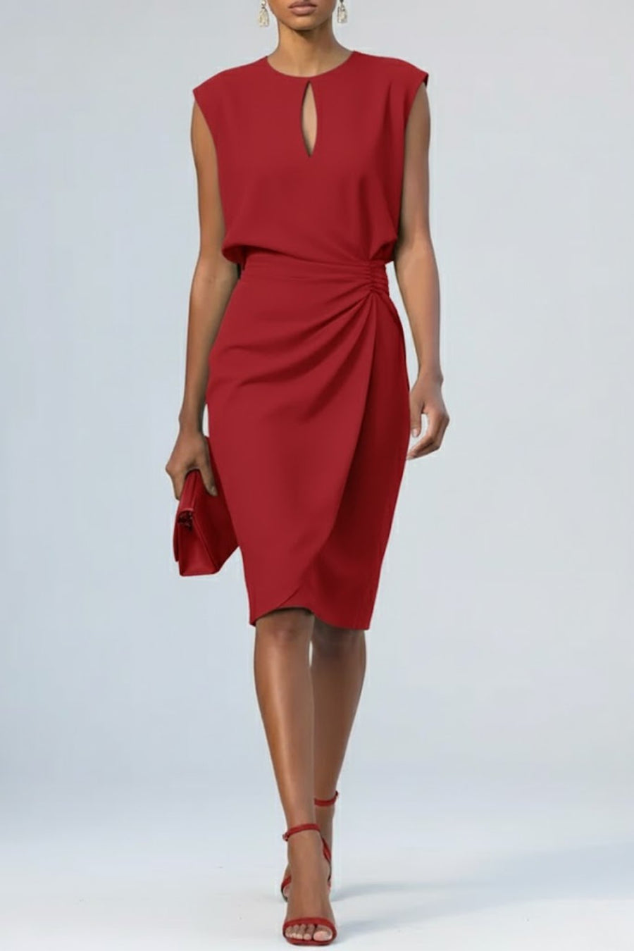 Marie | Damen Midi-Kleid Schlüsselloch-Ausschnitt Raffung Ärmellos