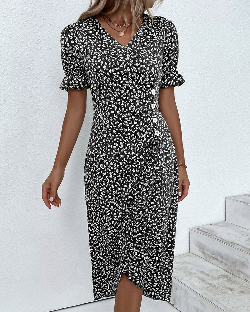 Hannah | Damen Midi Kleid V-Ausschnitt Blumenmuster Wickelstil