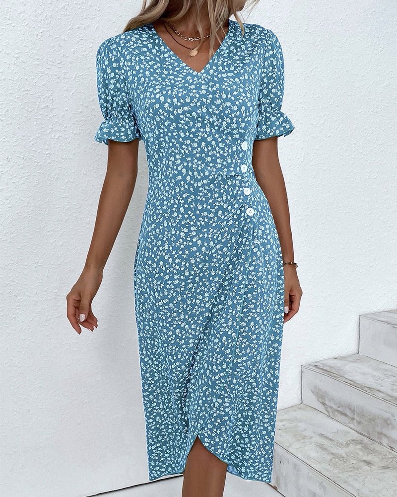 Hannah | Damen Midi Kleid V-Ausschnitt Blumenmuster Wickelstil