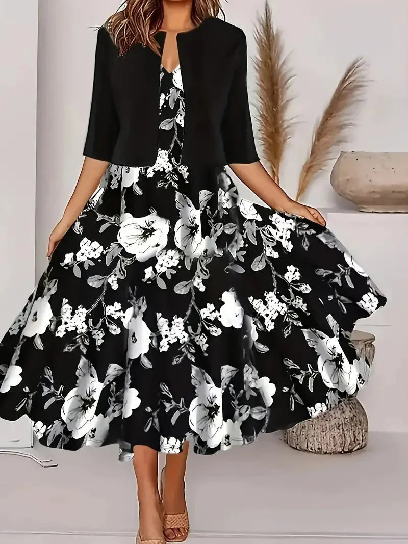 Damen Midi Sommerkleid mit Blazer und Blumenmuster