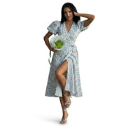 Damen-Midi-Wickelkleid mit Puffärmeln und Blumenmuster