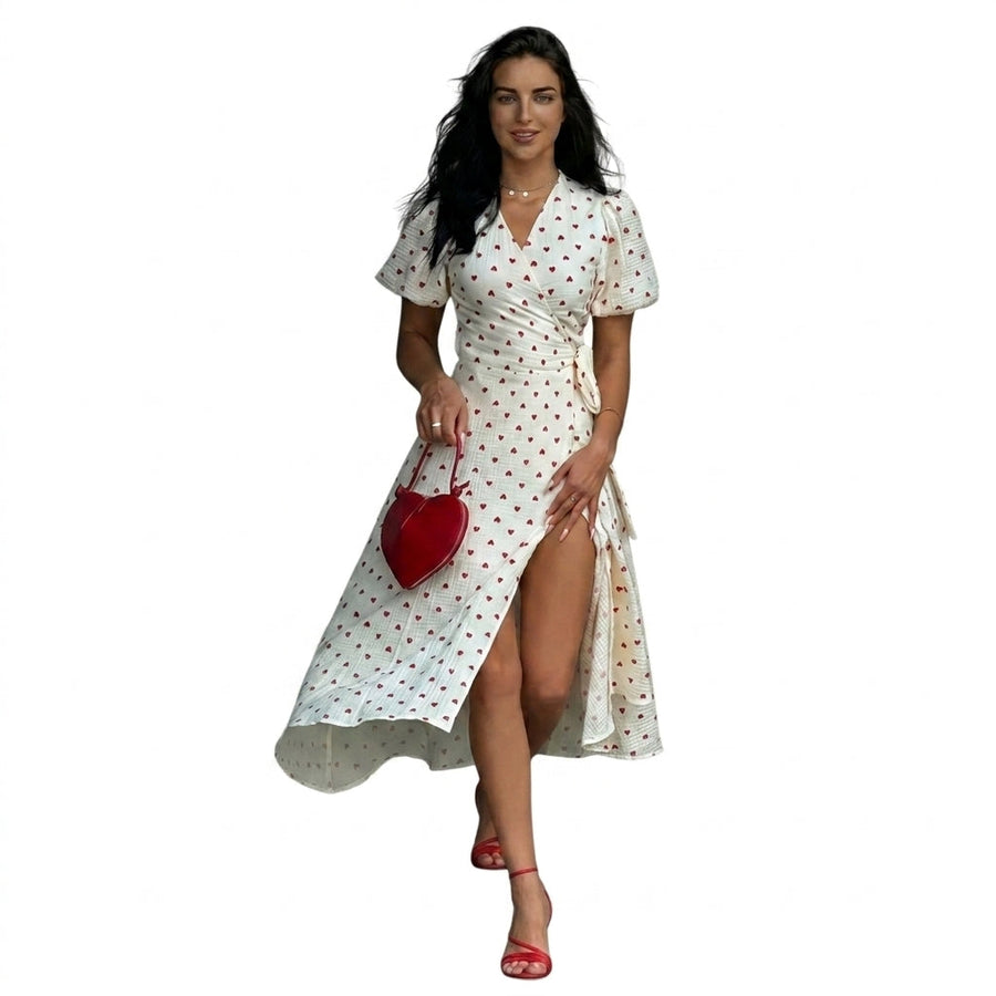 Damen-Midi-Wickelkleid mit Puffärmeln und Blumenmuster