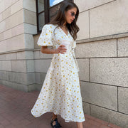 Damen-Midi-Wickelkleid mit Puffärmeln und Blumenmuster