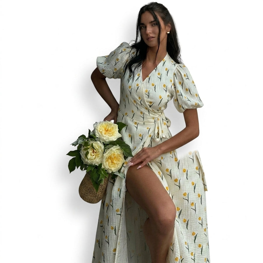 Damen-Midi-Wickelkleid mit Puffärmeln und Blumenmuster