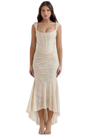 Damen Midikleid aus Spitze mit Raffung an der Taille und asymmetrischem Saum