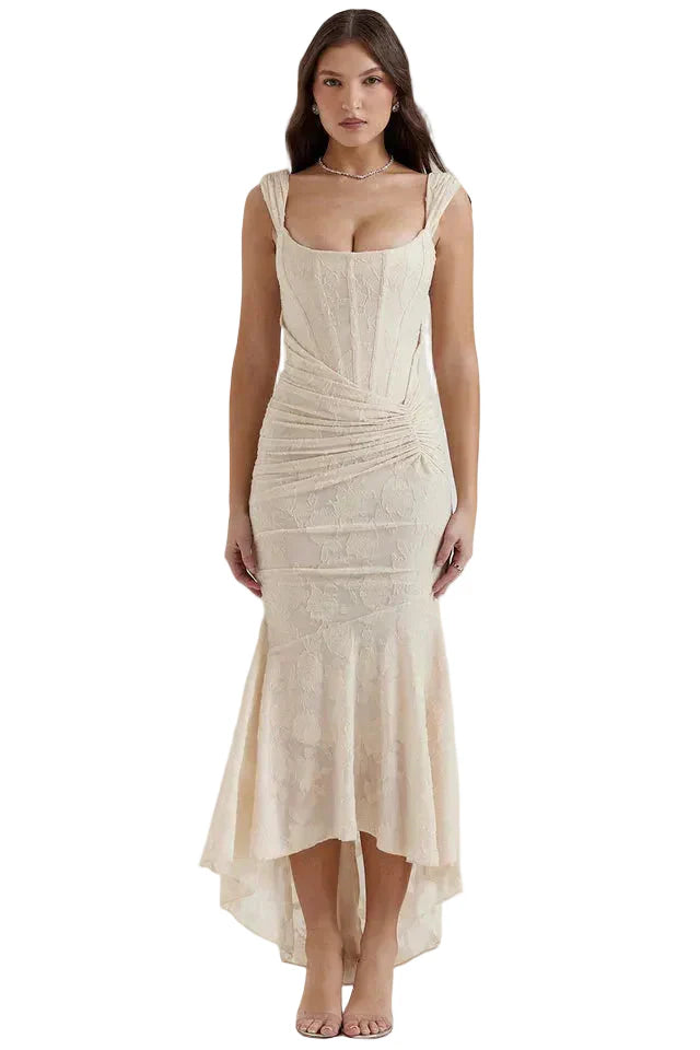 Damen Midikleid aus Spitze mit Raffung an der Taille und asymmetrischem Saum