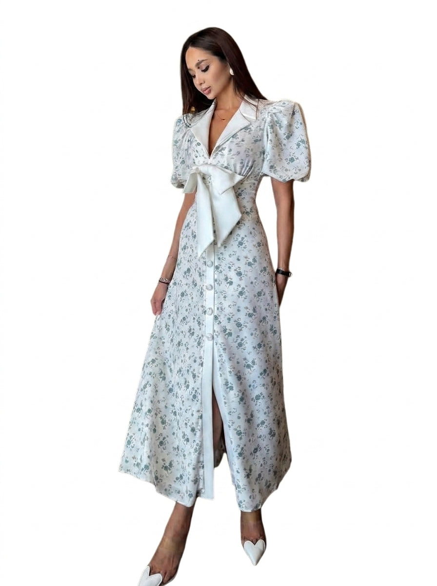 Damen Midikleid mit Blumenmuster, Puffärmeln und Taillenschleife