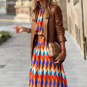 Damen Midikleid mit geometrischem Muster, Stehkragen und Gürtel