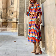 Damen Midikleid mit geometrischem Muster, Stehkragen und Gürtel