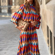 Damen Midikleid mit geometrischem Muster, Stehkragen und Gürtel