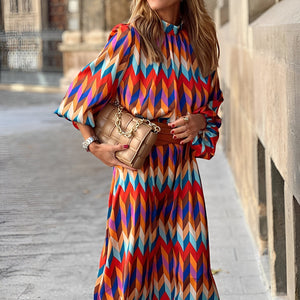 Damen Midikleid mit geometrischem Muster, Stehkragen und Gürtel