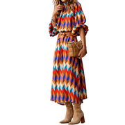 Damen Midikleid mit geometrischem Muster, Stehkragen und Gürtel