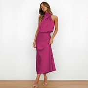 Damen Midikleid mit Halterkragen und drapiertem Oberteil