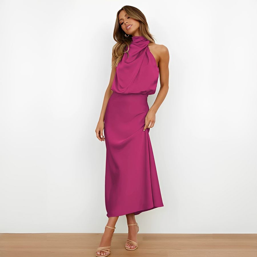 Damen Midikleid mit Halterkragen und drapiertem Oberteil