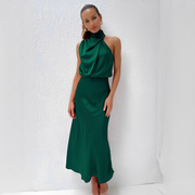 Damen Midikleid mit Halterkragen und drapiertem Oberteil