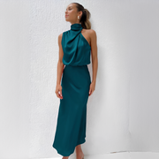 Damen Midikleid mit Halterkragen und drapiertem Oberteil