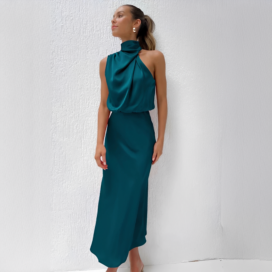 Damen Midikleid mit Halterkragen und drapiertem Oberteil