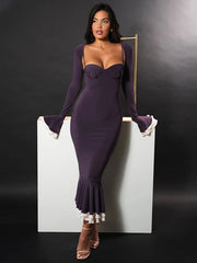 Damen Midikleid mit herzförmigem Ausschnitt, langen Ärmeln und Rüschenabschlüssen