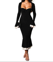 Damen Midikleid mit herzförmigem Ausschnitt, langen Ärmeln und Rüschenabschlüssen