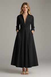 Damen Midikleid mit Kragen, V-Ausschnitt und Faltenrock