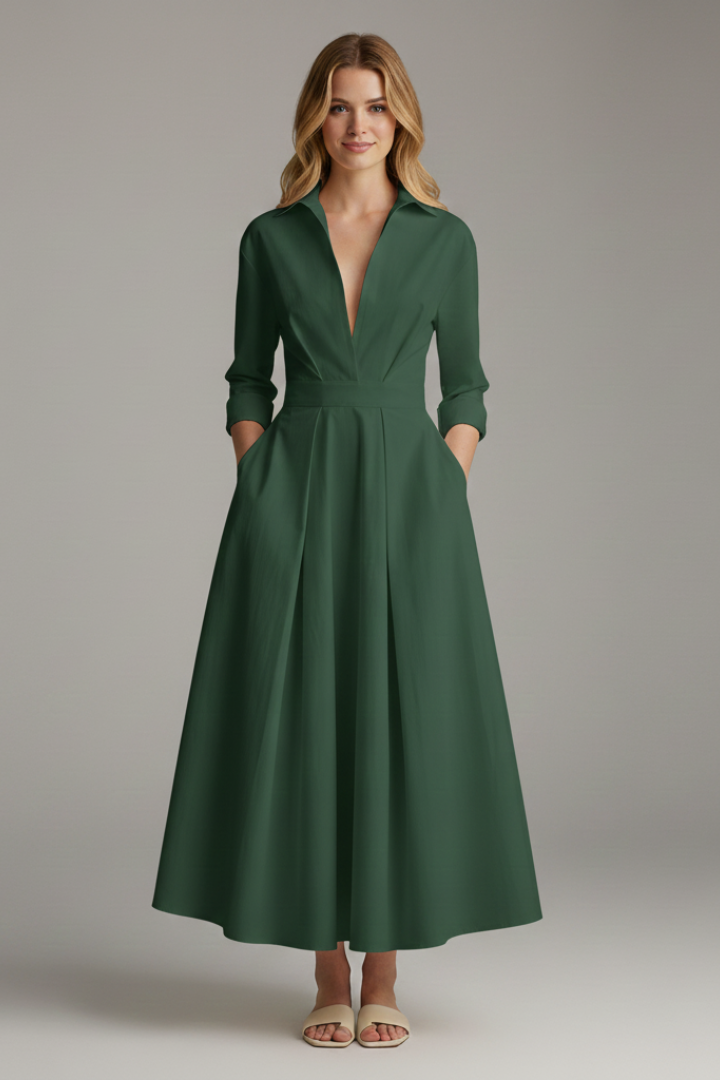 Damen Midikleid mit Kragen, V-Ausschnitt und Faltenrock