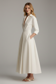 Damen Midikleid mit Kragen, V-Ausschnitt und Faltenrock