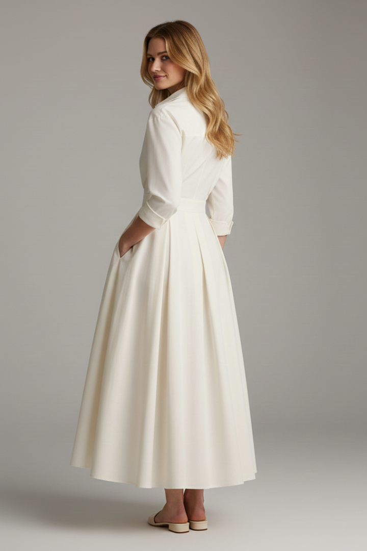 Damen Midikleid mit Kragen, V-Ausschnitt und Faltenrock