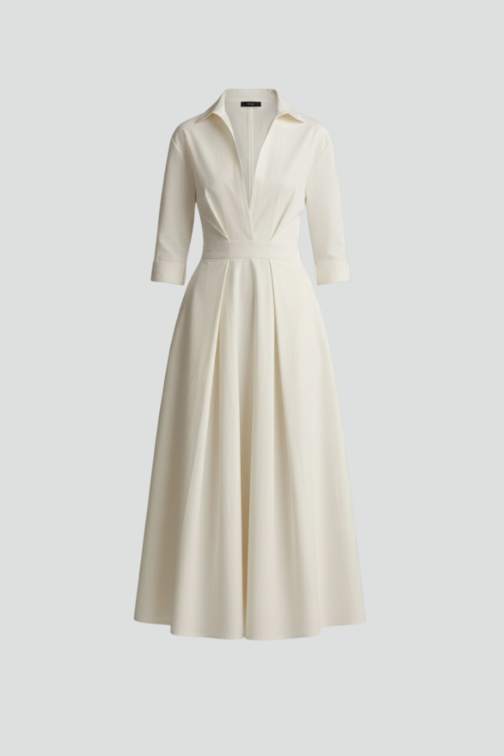 Damen Midikleid mit Kragen, V-Ausschnitt und Faltenrock