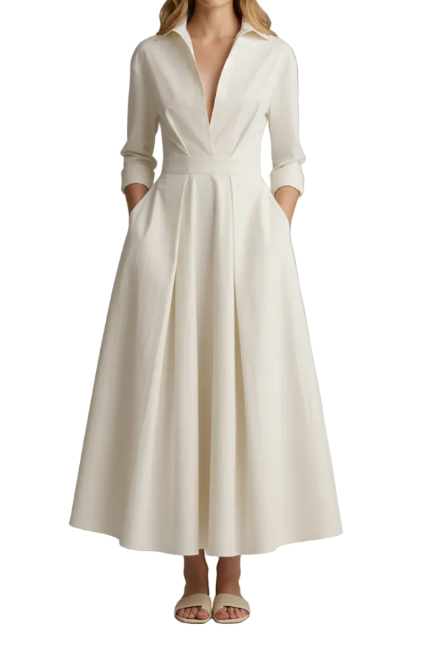 Damen Midikleid mit Kragen, V-Ausschnitt und Faltenrock